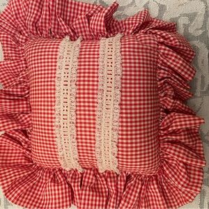 Vintage Handmade Red Gingham Lace Ruffle Pillow